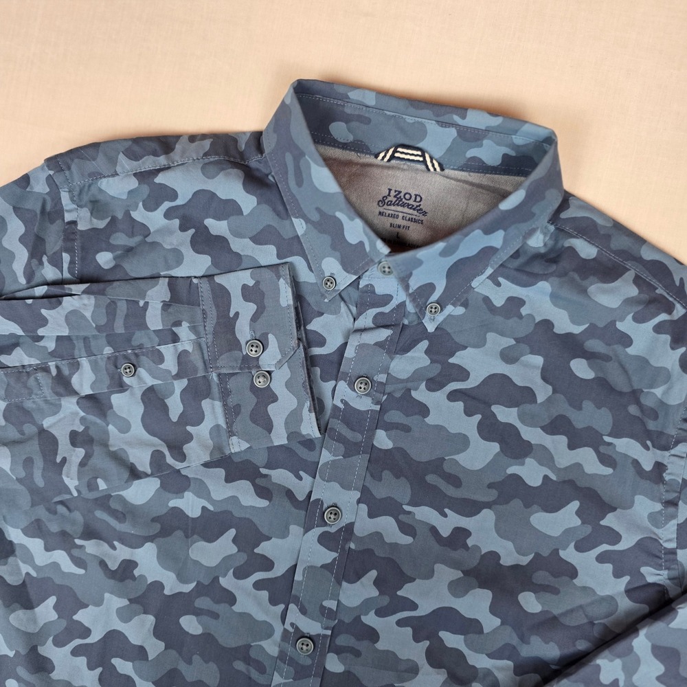 IZOD Saltwater Slim Fit Blue Camo Button Down Shirt Mens Large 45GW537460